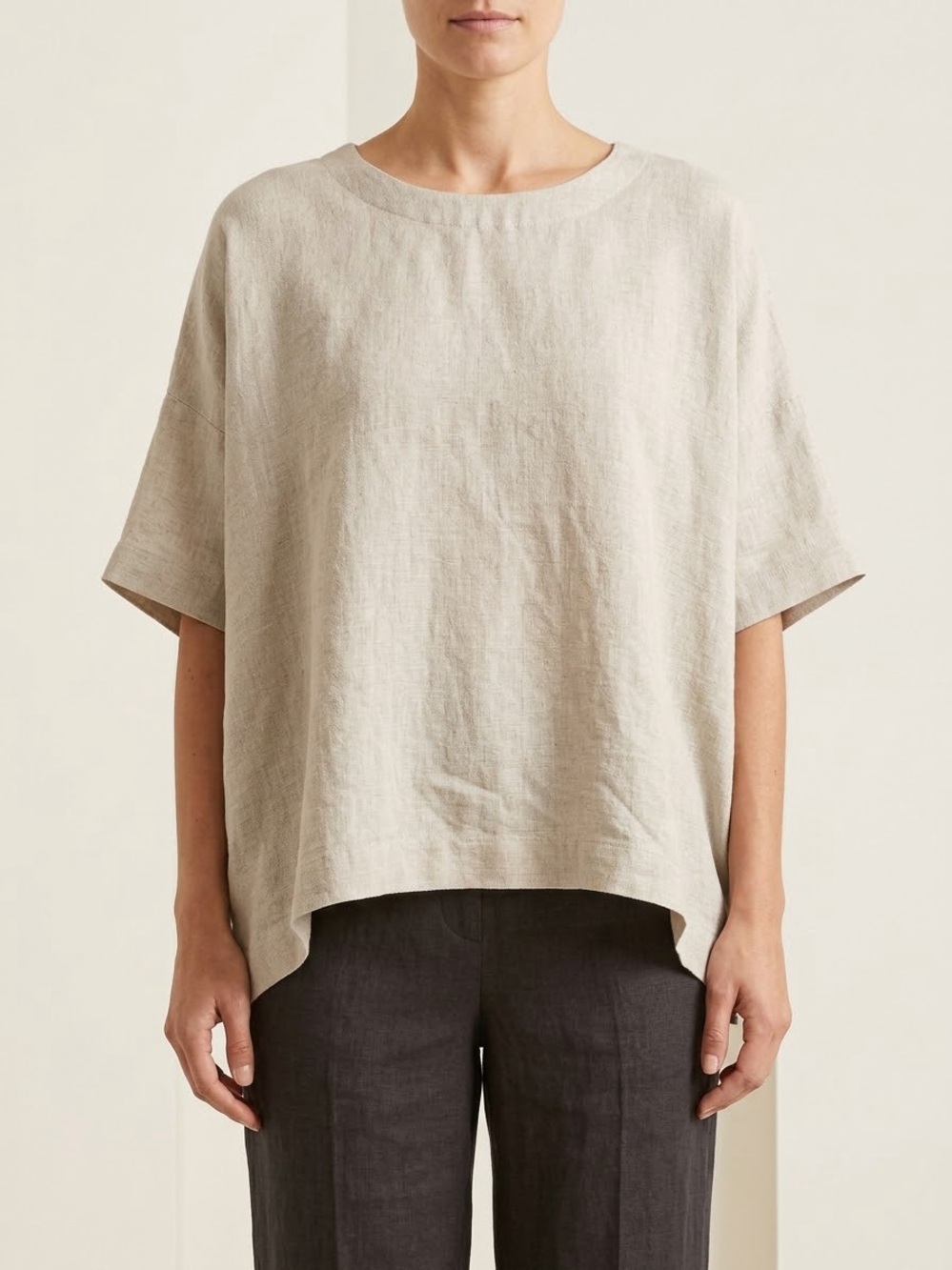 ⁠Eskandar 100% Linen Boxy Top Size 1 US M/L Oversized Drop Shoulder Lagenlook